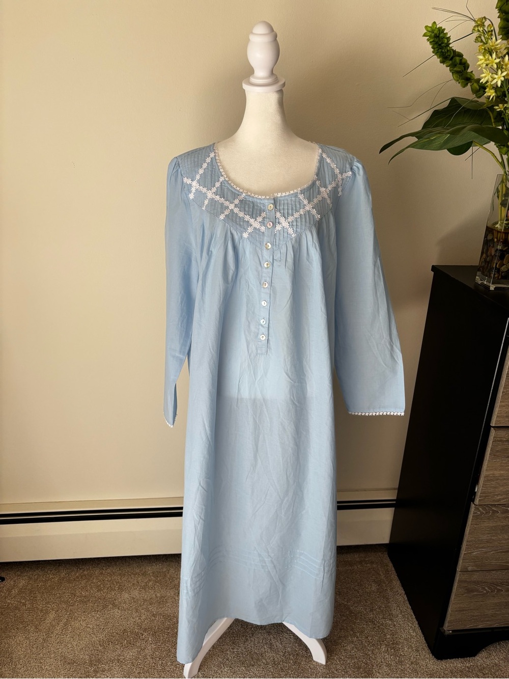 Eileen West Powder Blue Cotton Nightgown with White Lace Trim